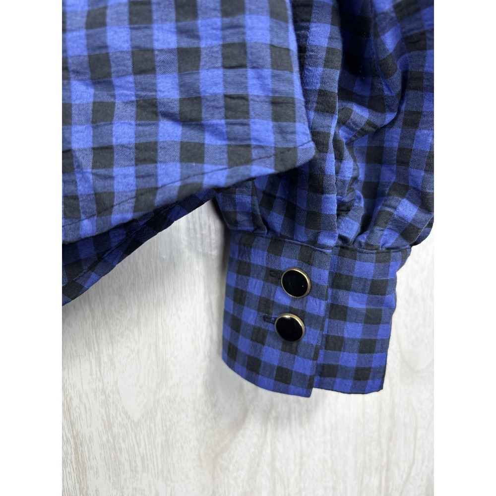 Mango MNG Gingham Shirt L Blue Black Cotton Preppy Button Up NWT Classic - Picture 7 of 7